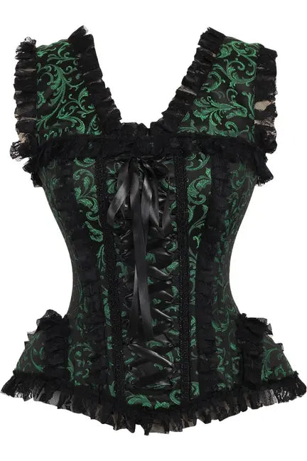 Top Drawer Green/Black Swirl Brocade & Lace Steel Boned Corset w/Cap Sleeves Daisy Corsets