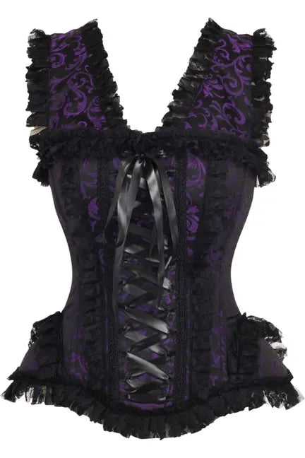 Top Drawer Purple/Black Swirl Brocade & Lace Steel Boned Corset with Cap Sleeves Daisy Corsets