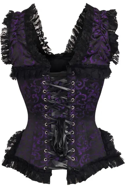 Top Drawer Purple/Black Swirl Brocade & Lace Steel Boned Corset with Cap Sleeves Daisy Corsets