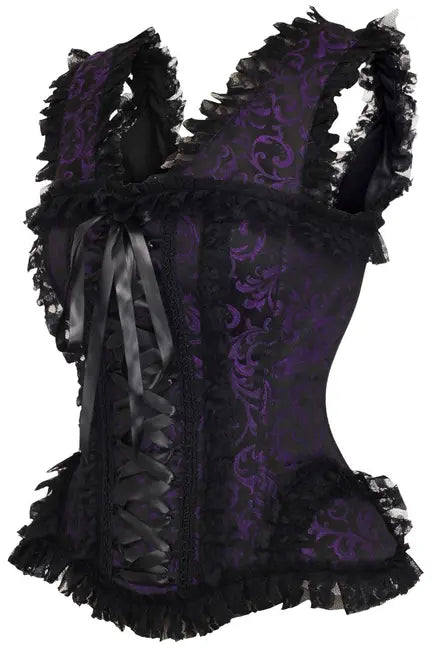 Top Drawer Purple/Black Swirl Brocade & Lace Steel Boned Corset with Cap Sleeves Daisy Corsets
