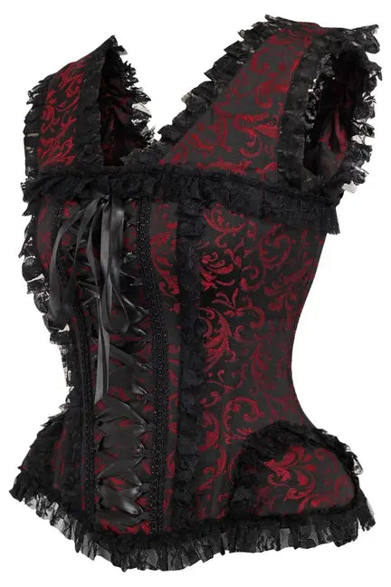 Top Drawer Red/Black Swirl Brocade & Lace Steel Boned Corset w/Cap Sleeves Daisy Corsets