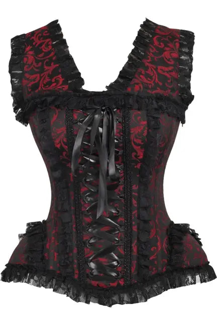 Top Drawer Red/Black Swirl Brocade & Lace Steel Boned Corset w/Cap Sleeves Daisy Corsets