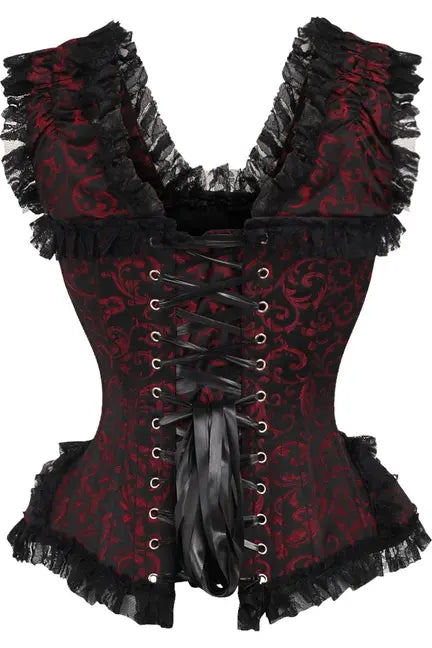 Top Drawer Red/Black Swirl Brocade & Lace Steel Boned Corset w/Cap Sleeves Daisy Corsets