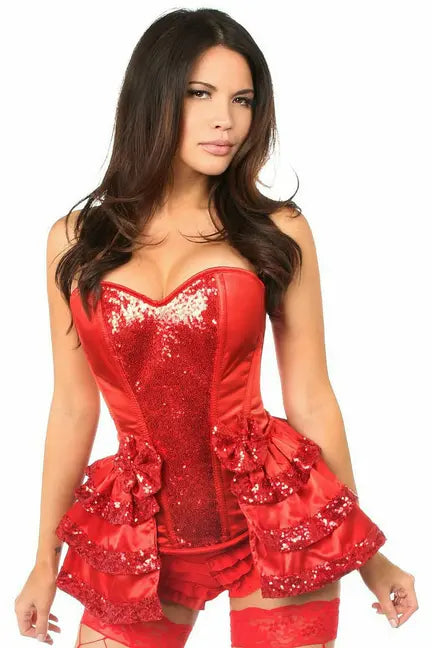 Top Drawer Satin & Sequin Steel Boned Corset with Removable Snap Skirt Daisy Corsets