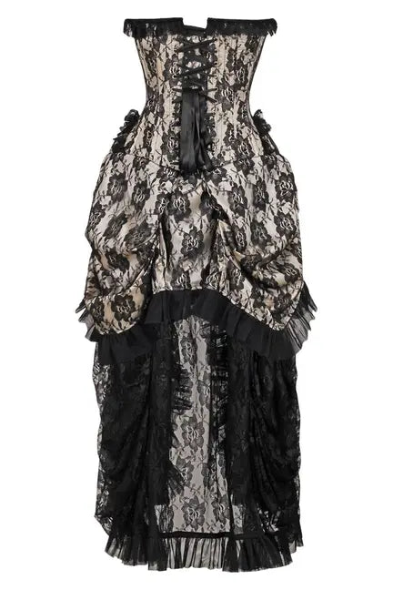 Top Drawer Steel Boned Cream w/Black Lace Bustle Corset Dress Daisy Corsets