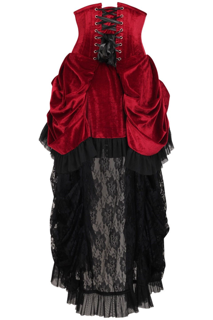 Top Drawer Steel Boned Dark Red Velvet Victorian Bustle Underbust Corset Dress Daisy Corsets