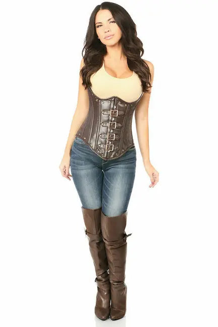 Top Drawer Steel Boned Distressed Faux Leather Underbust Corset Top Daisy Corsets