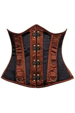 Brown and black satin corset with gold detailing and adjustable buckles, ideal for a vintage or steampunk look.