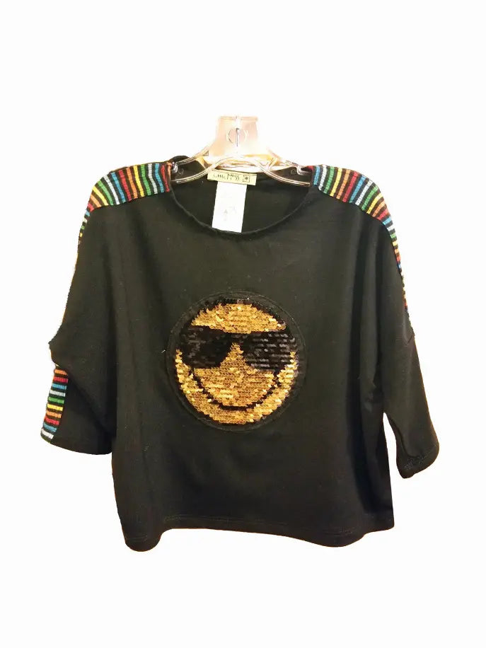 Top With Stripe Insert And Sequin Smiley Patch Little Mass