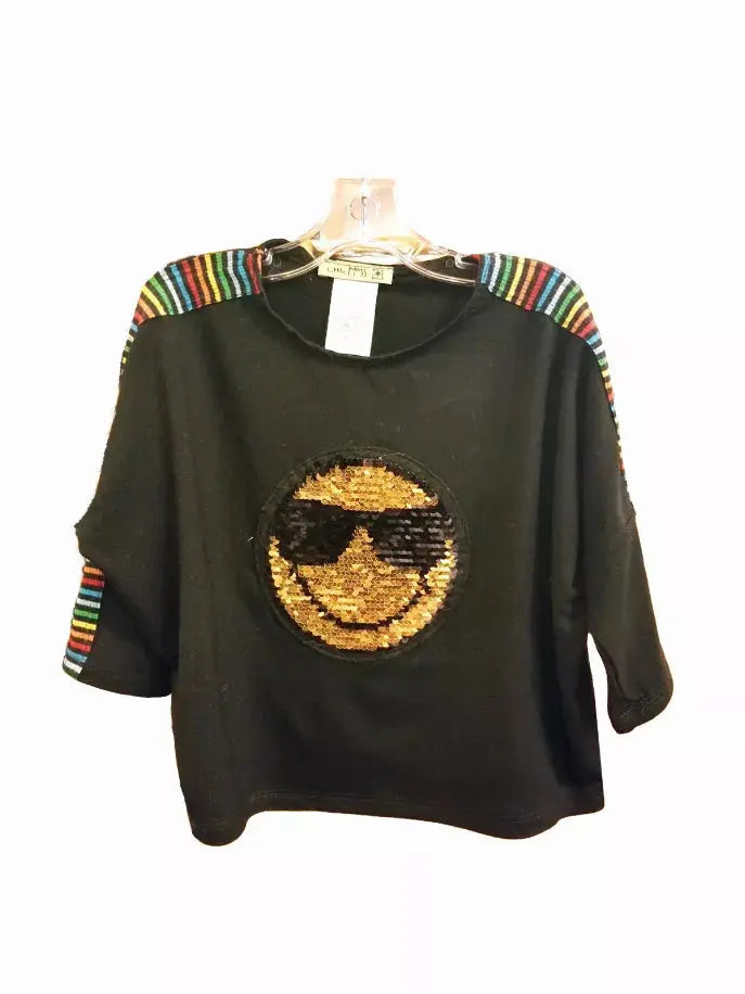 Top With Stripe Insert And Sequin Smiley Patch Little Mass