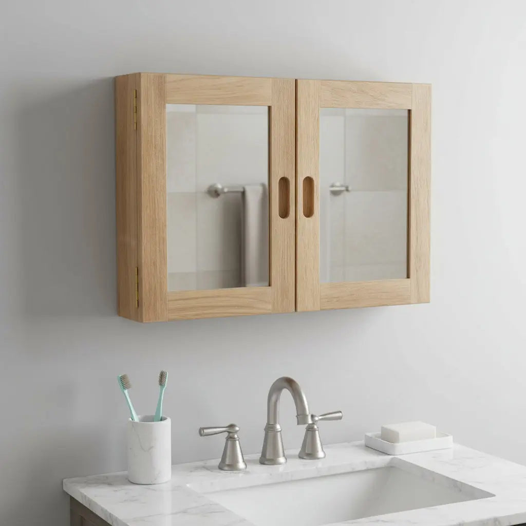 Traditional Solid Teak Double Door Mirrored Medicine Cabinet Homeroots Bed & Bath