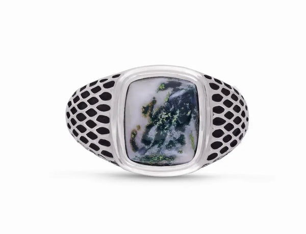 Tree Agate Stone Signet Ring in Black Rhodium Plated Sterling Silver Luv My Jewelry