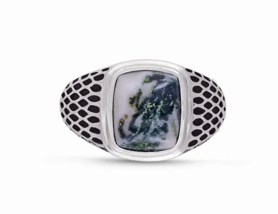 Tree Agate Stone Signet Ring in Black Rhodium Plated Sterling Silver Luv My Jewelry