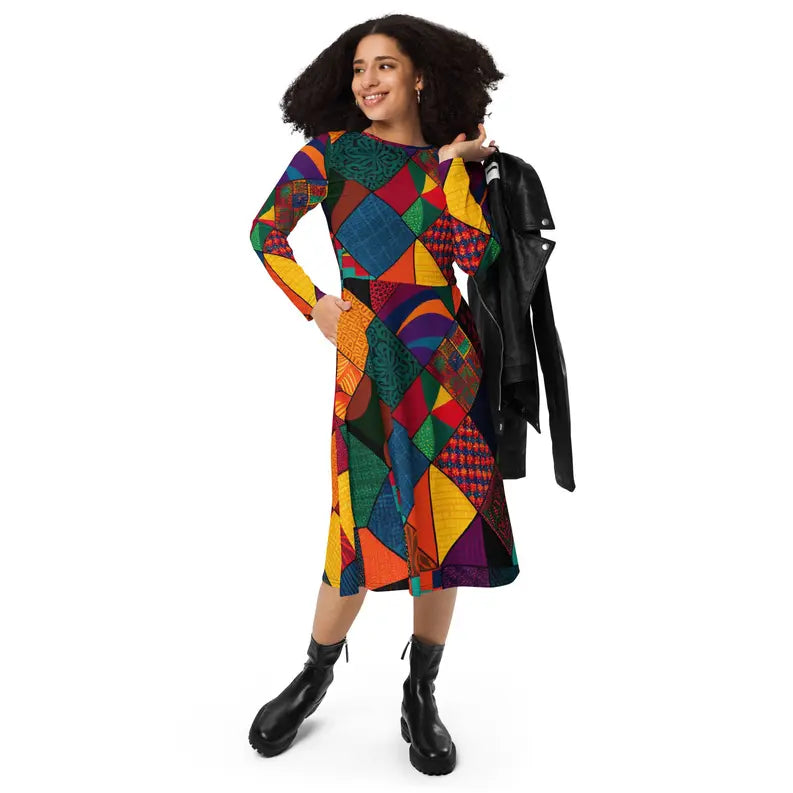 Trendy Long Sleeve African Print Patchwork Midi Dress with Pockets Adirelounge