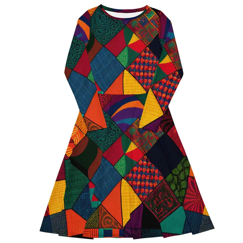 Colorful patchwork long-sleeve dress in vibrant hues, featuring various geometric patterns and rich fabric textures.