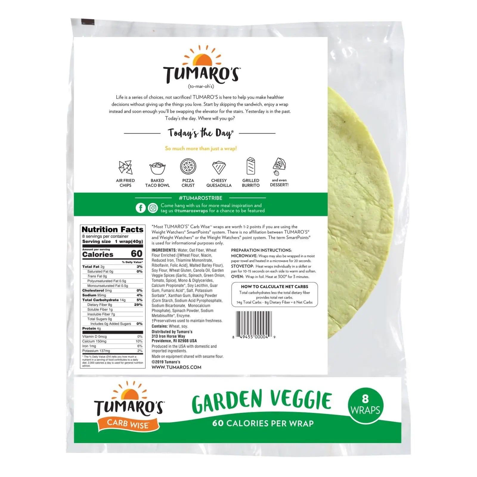 Tumaro's 8-inch Garden Veggie Carb Wise Wraps - Case Of 6 - 8 Ct Tumaro's