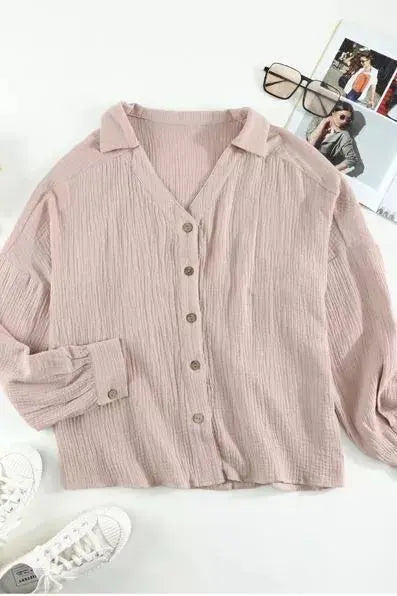 Turn Collar V Neck Crinkled Cuffed Shirt Stay Warm in Style