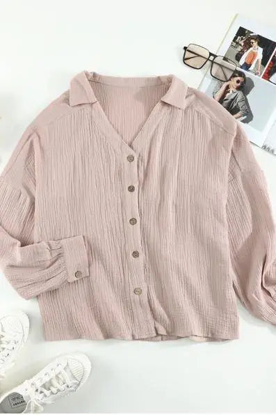 Turn Collar V Neck Crinkled Cuffed Shirt Stay Warm in Style