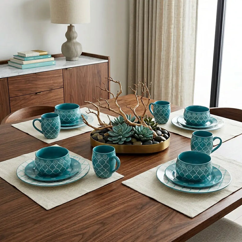 Turquoise Sixteen Piece Round Trellis Ceramic Service For Four Dinnerware Set Homeroots Kitchen & Dining