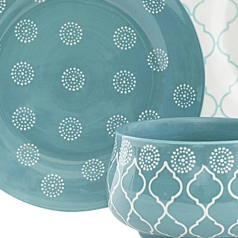 Turquoise Sixteen Piece Round Trellis Ceramic Service For Four Dinnerware Set Homeroots Kitchen & Dining