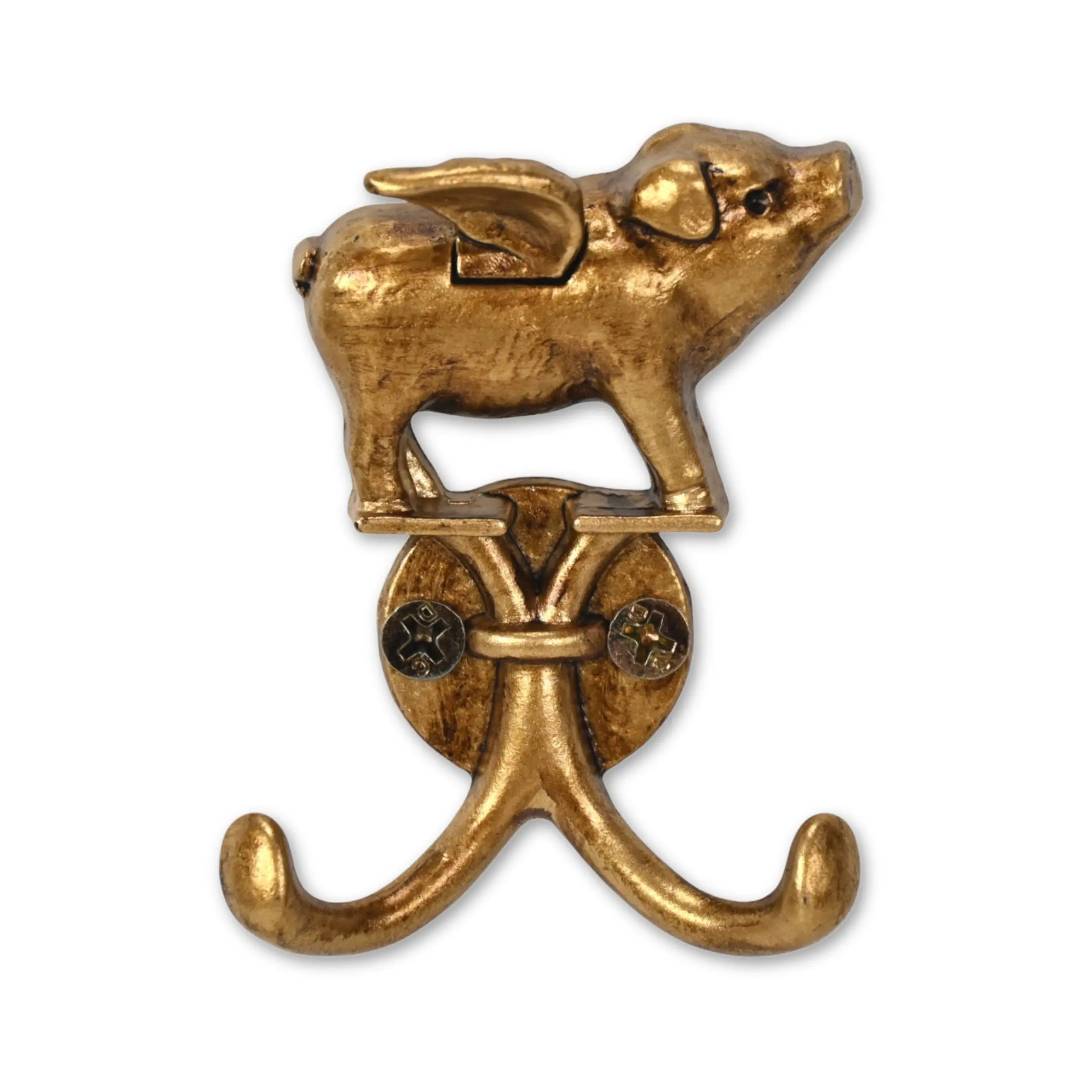 Two Hook 2" Antiqued Gold Cast Iron Pig Wall Hooks Homeroots Organization