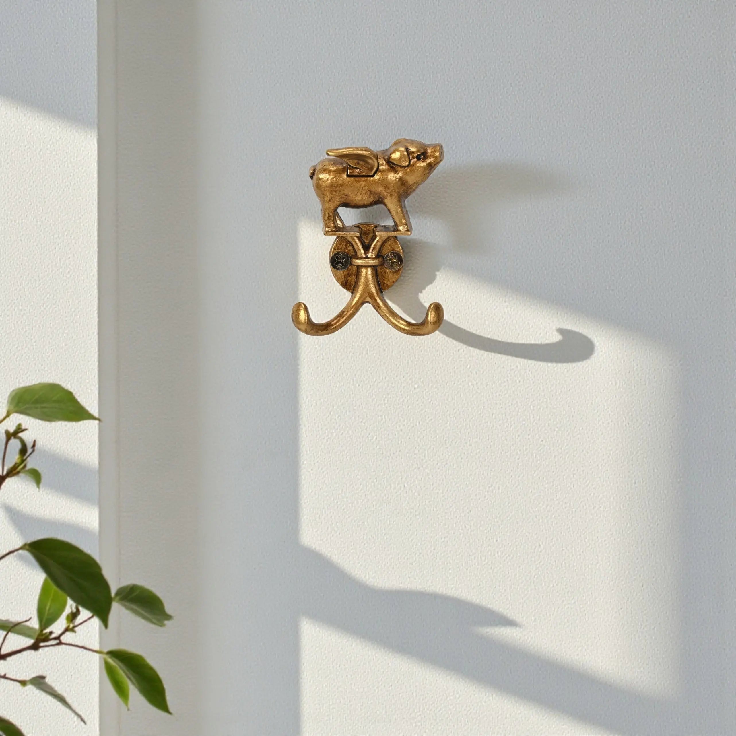 Two Hook 2" Antiqued Gold Cast Iron Pig Wall Hooks Homeroots Organization
