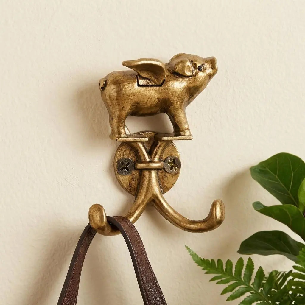 Two Hook 2" Antiqued Gold Cast Iron Pig Wall Hooks Homeroots Organization