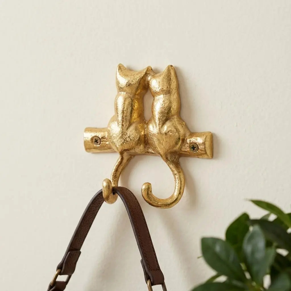Two Hook 5" Gold Cast Iron Cats Wall Hooks Homeroots Organization