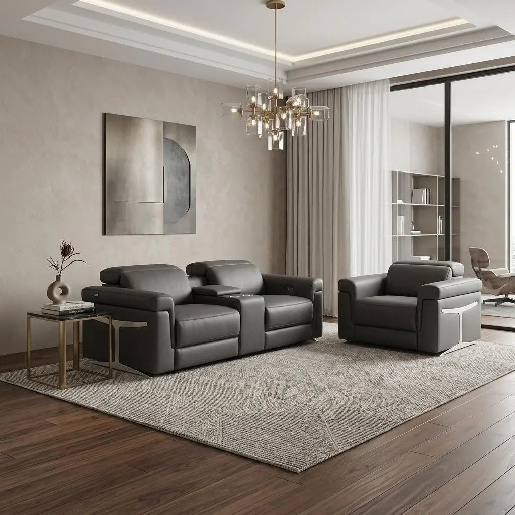 Two Piece Dark Gray Italian Leather Five Person Seating Set Homeroots Living Room