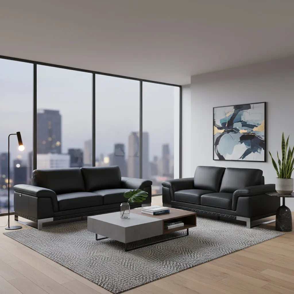 Two Piece Indoor Black Italian Leather Five Person Seating Set Homeroots Living Room