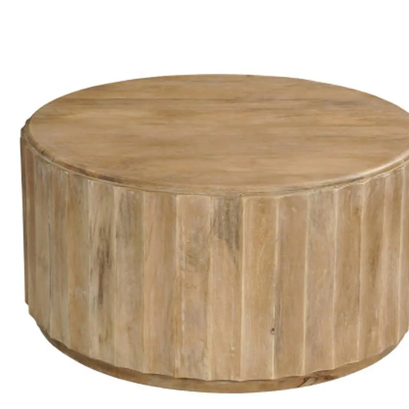 Two Piece Natural Solid Wood Round Drum Coffee And End Table Set Homeroots Living Room
