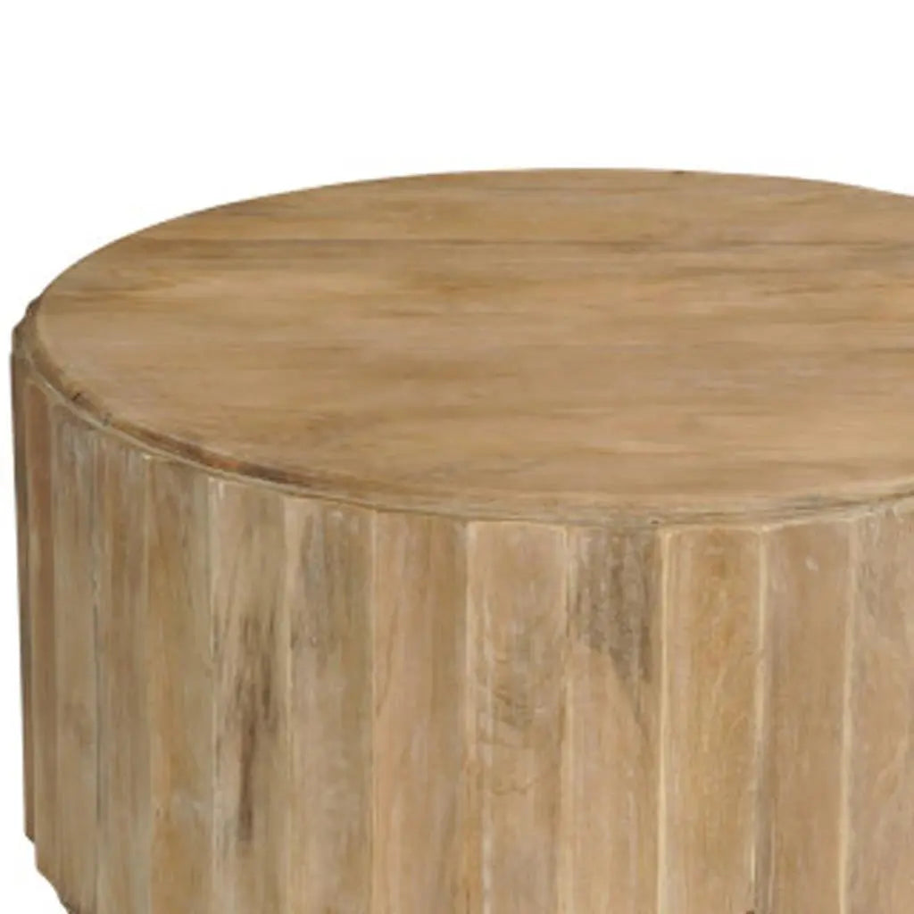 Two Piece Natural Solid Wood Round Drum Coffee And End Table Set Homeroots Living Room