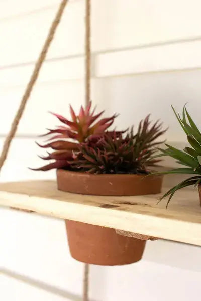 Two-Tiered Hanging Wooden Shelves With Clay Pots Kalalou