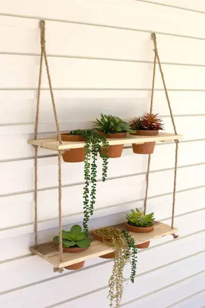 Two-Tiered Hanging Wooden Shelves With Clay Pots Kalalou