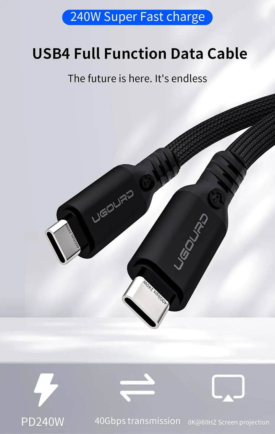 UGOURD Thunderbolt 4 USB4 Cable 40Gbps Thunderbolt3 0.2m-2m 3m Type C Fast Charger Cable 240W Data Transfer USB C For Laptop SSD GreatEagleInc