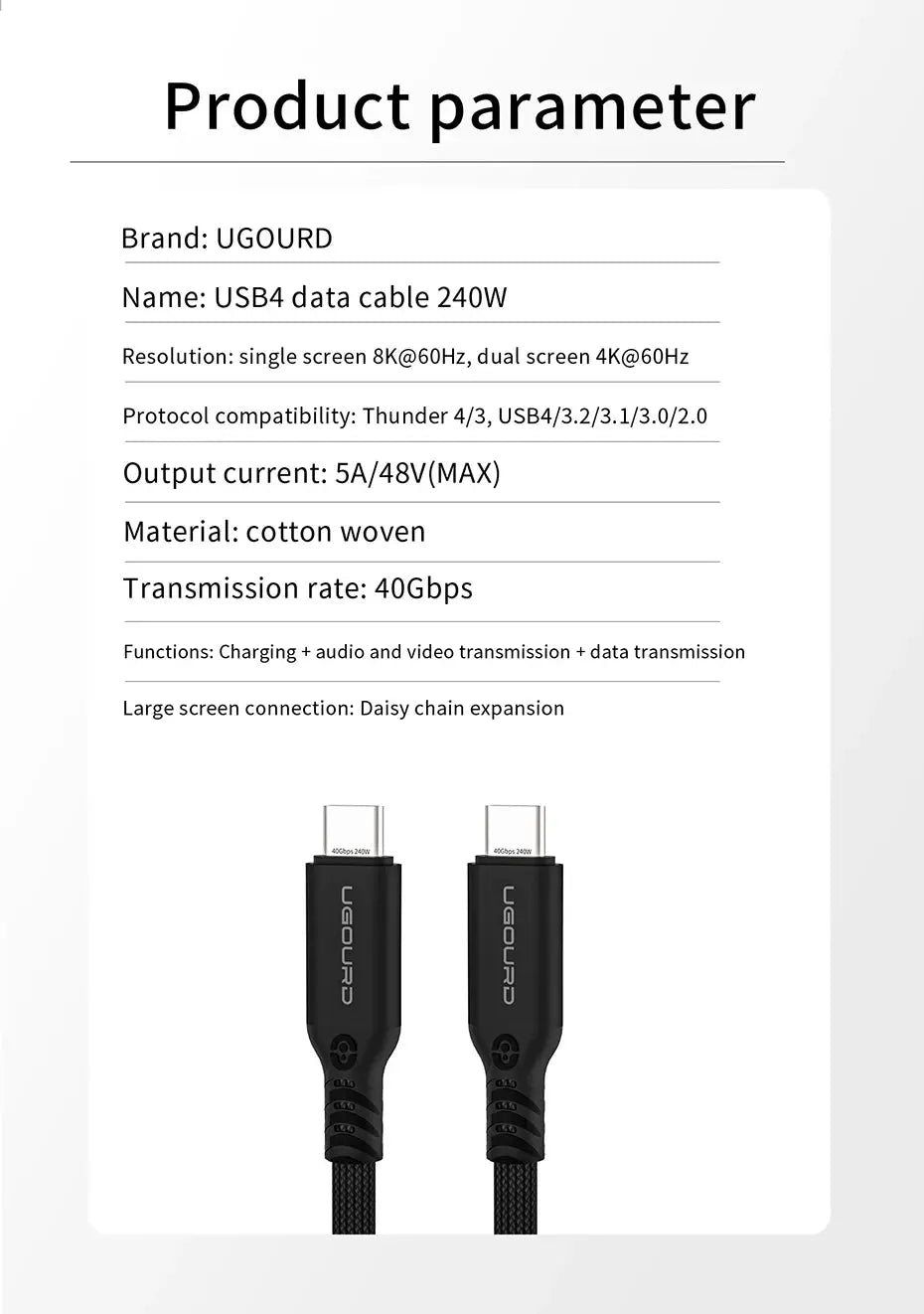 UGOURD Thunderbolt 4 USB4 Cable 40Gbps Thunderbolt3 0.2m-2m 3m Type C Fast Charger Cable 240W Data Transfer USB C For Laptop SSD GreatEagleInc