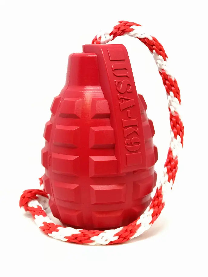 USA-K9 Grenade Durable Rubber Chew Toy, Treat Dispenser, Reward Toy, Tug Toy, and Retrieving Toy SodaPup