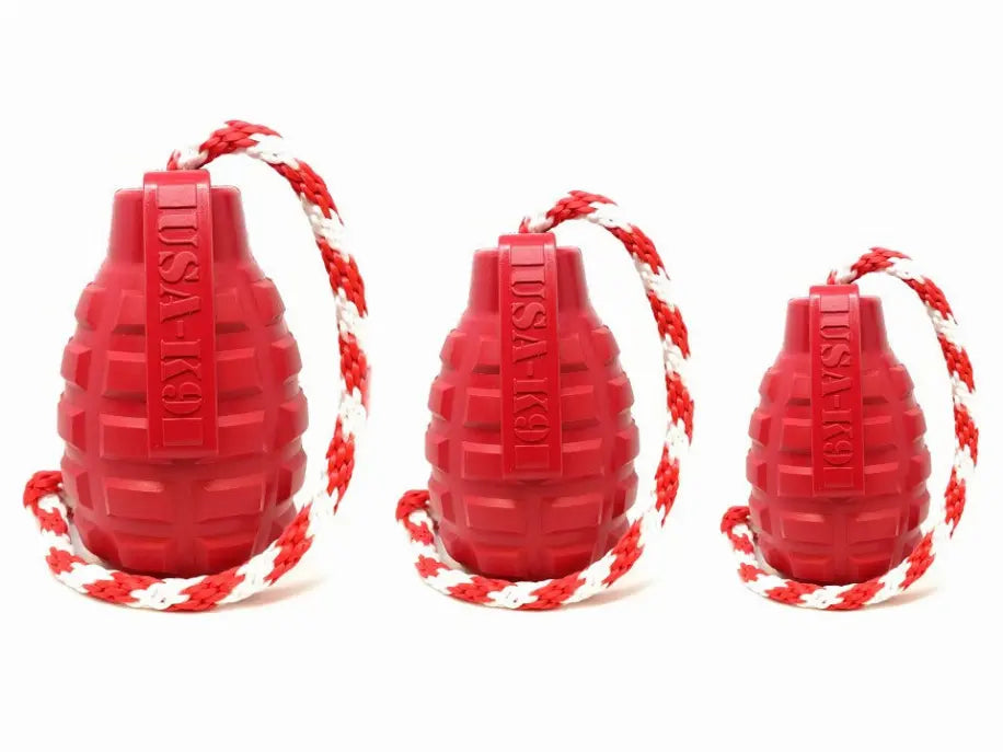 USA-K9 Grenade Durable Rubber Chew Toy, Treat Dispenser, Reward Toy, Tug Toy, and Retrieving Toy SodaPup