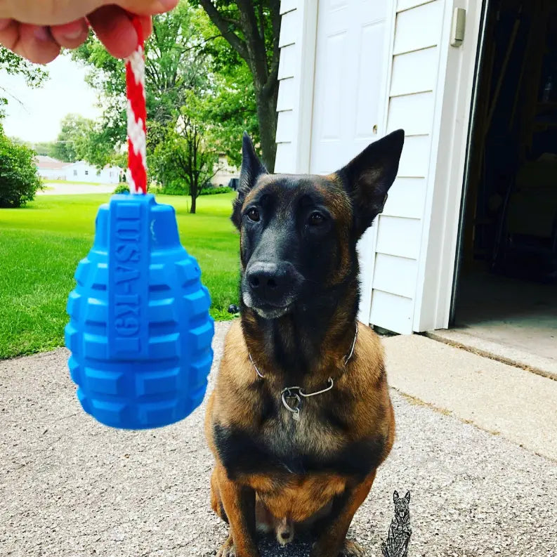 USA-K9 Grenade Durable Rubber Chew Toy, Treat Dispenser, Reward Toy, Tug Toy, and Retrieving Toy SodaPup
