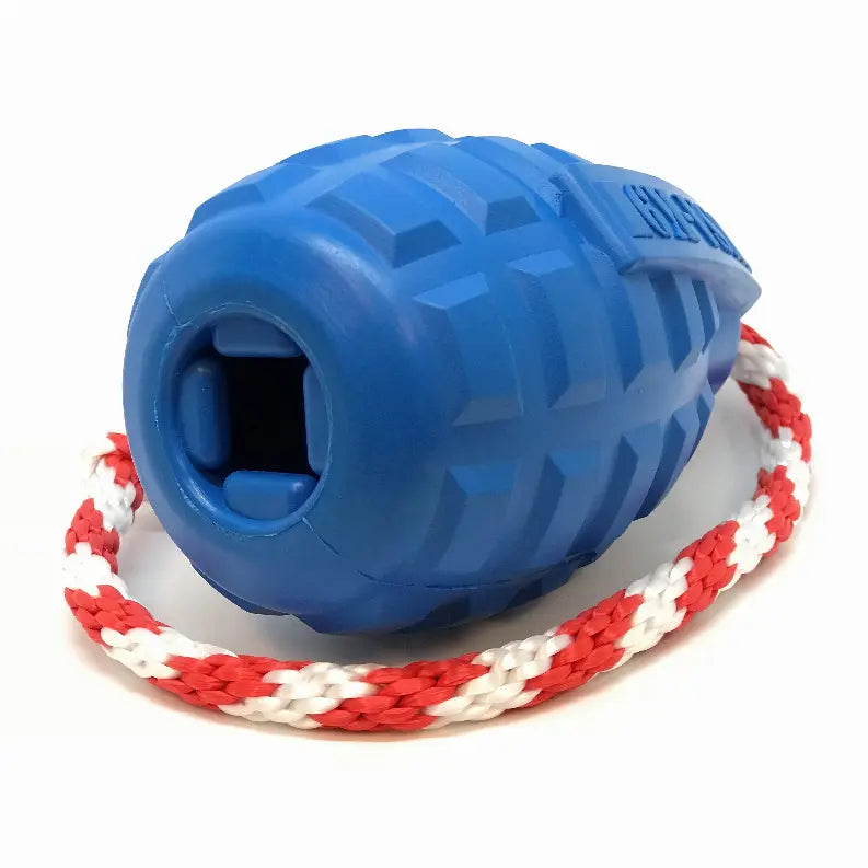 USA-K9 Grenade Durable Rubber Chew Toy, Treat Dispenser, Reward Toy, Tug Toy, and Retrieving Toy SodaPup