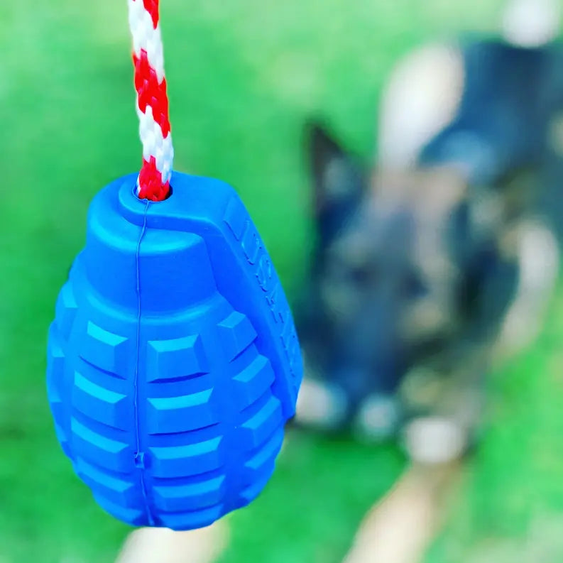 USA-K9 Grenade Durable Rubber Chew Toy, Treat Dispenser, Reward Toy, Tug Toy, and Retrieving Toy SodaPup