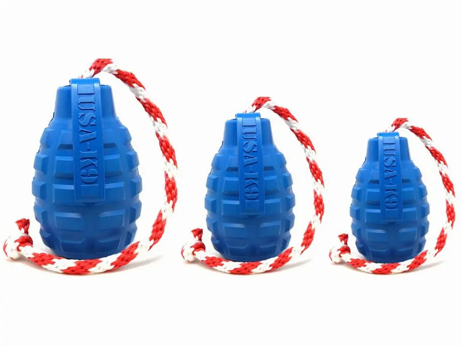USA-K9 Grenade Durable Rubber Chew Toy, Treat Dispenser, Reward Toy, Tug Toy, and Retrieving Toy SodaPup