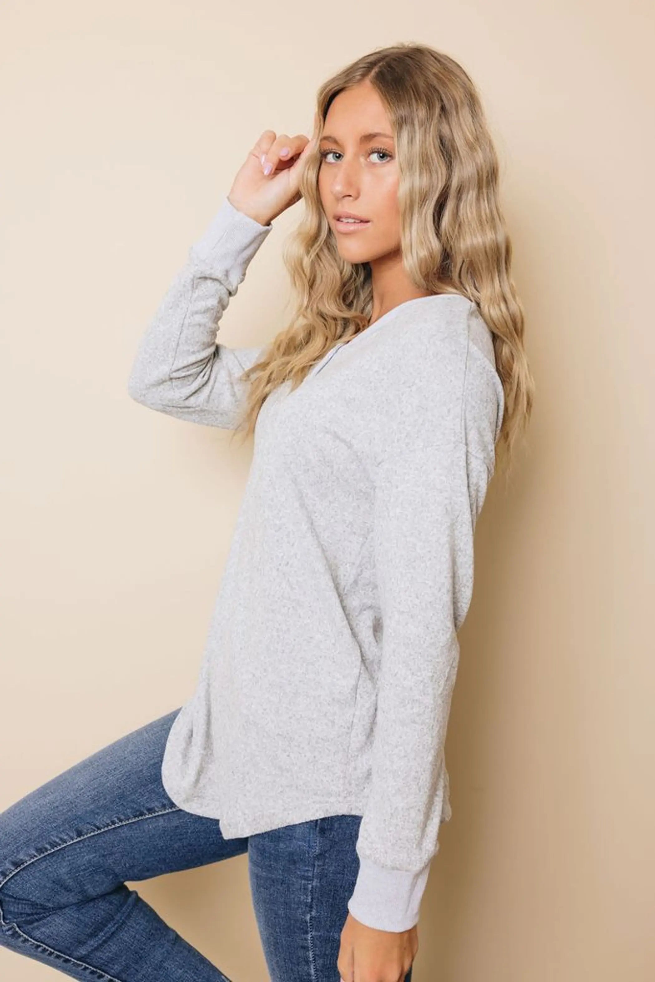 V Neck Buttons Patchwork Cuffs Top Stay Warm in Style