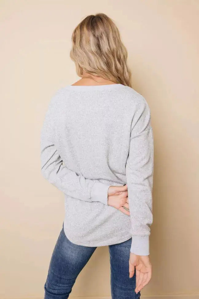 V Neck Buttons Patchwork Cuffs Top Stay Warm in Style