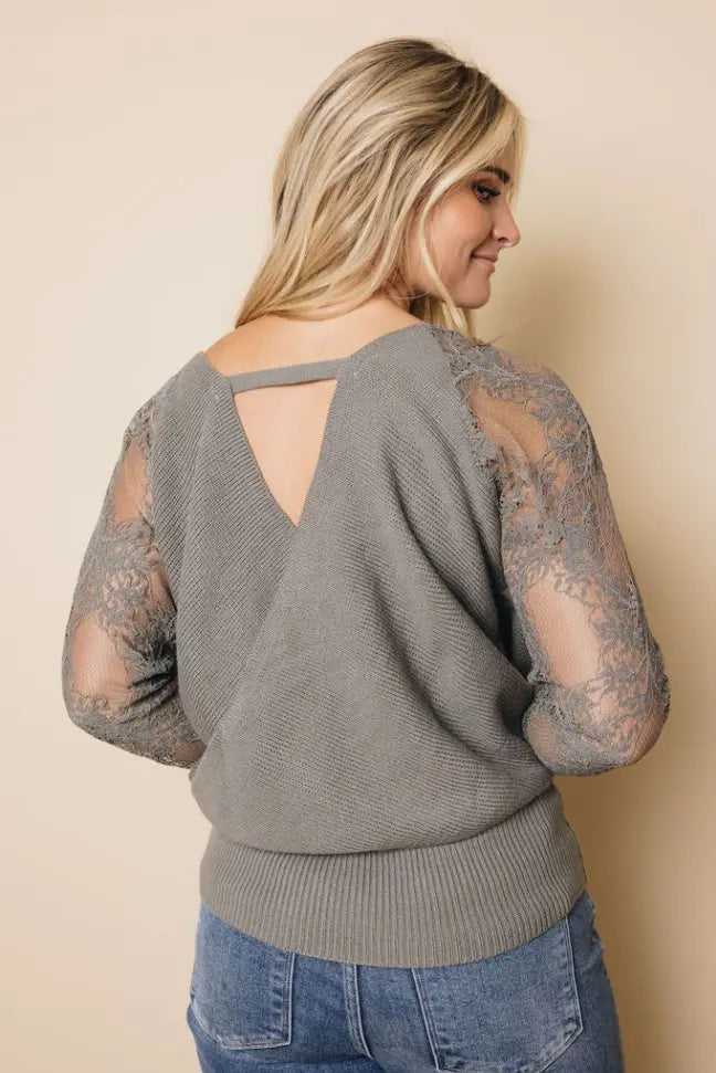 V Neck Hollow-out Sweater with Lace Sleeves Stay Warm in Style