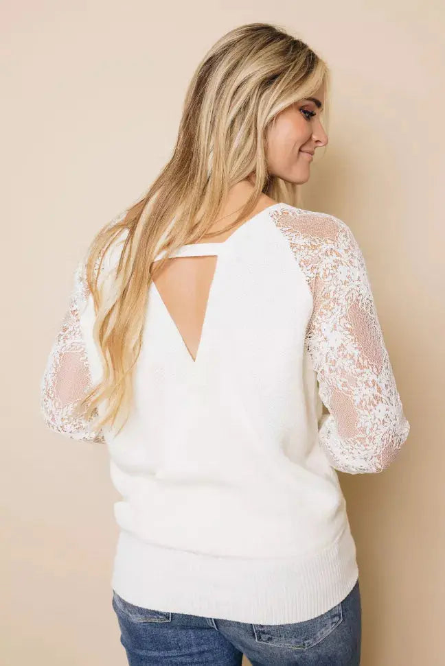 V Neck Hollow-out Sweater with Lace Sleeves Stay Warm in Style