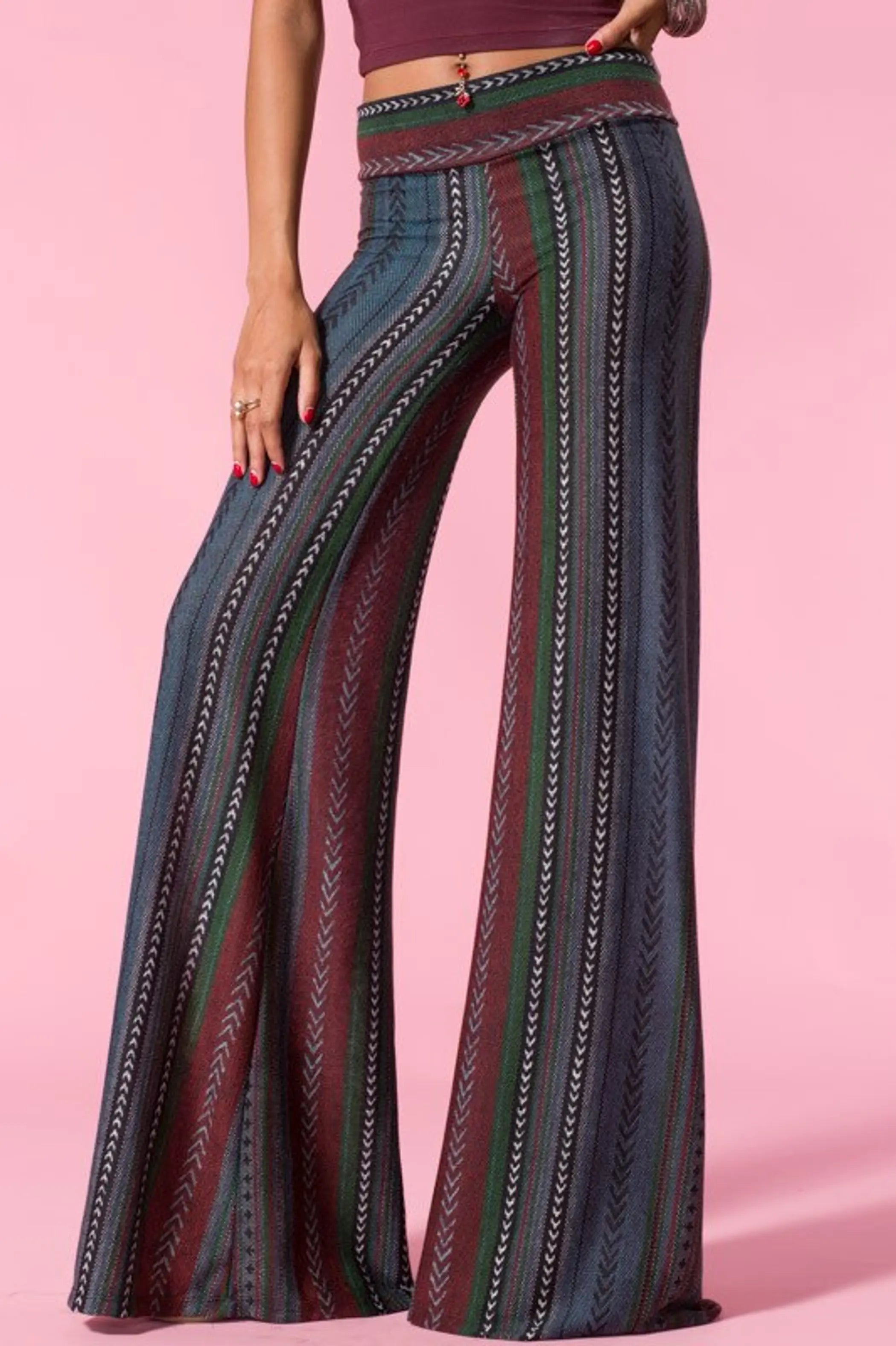 Vertical print tribal print palazzo knitted pants with folded waist SurelyMine