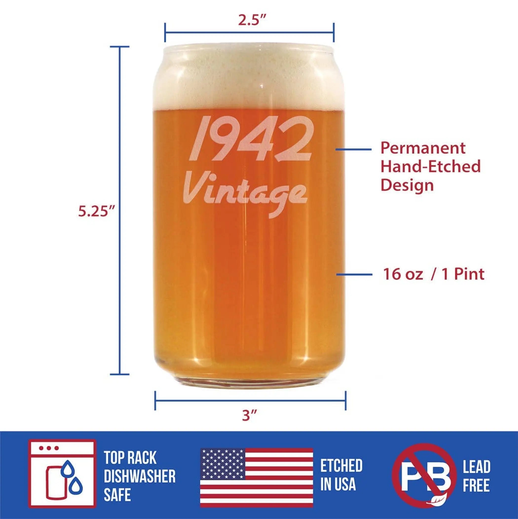 Vintage 1942 Beer Can Pint Glass - 82nd Birthday Gifts Bevvee
