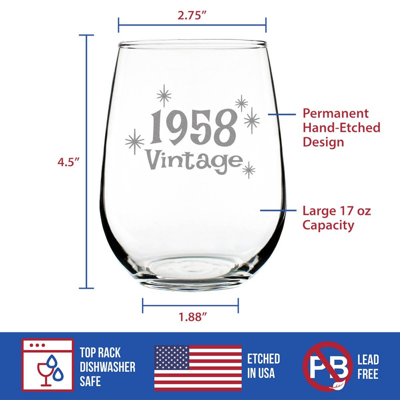Vintage 1958 Stemless Wine Glass - 66th Birthday Gifts Bevvee