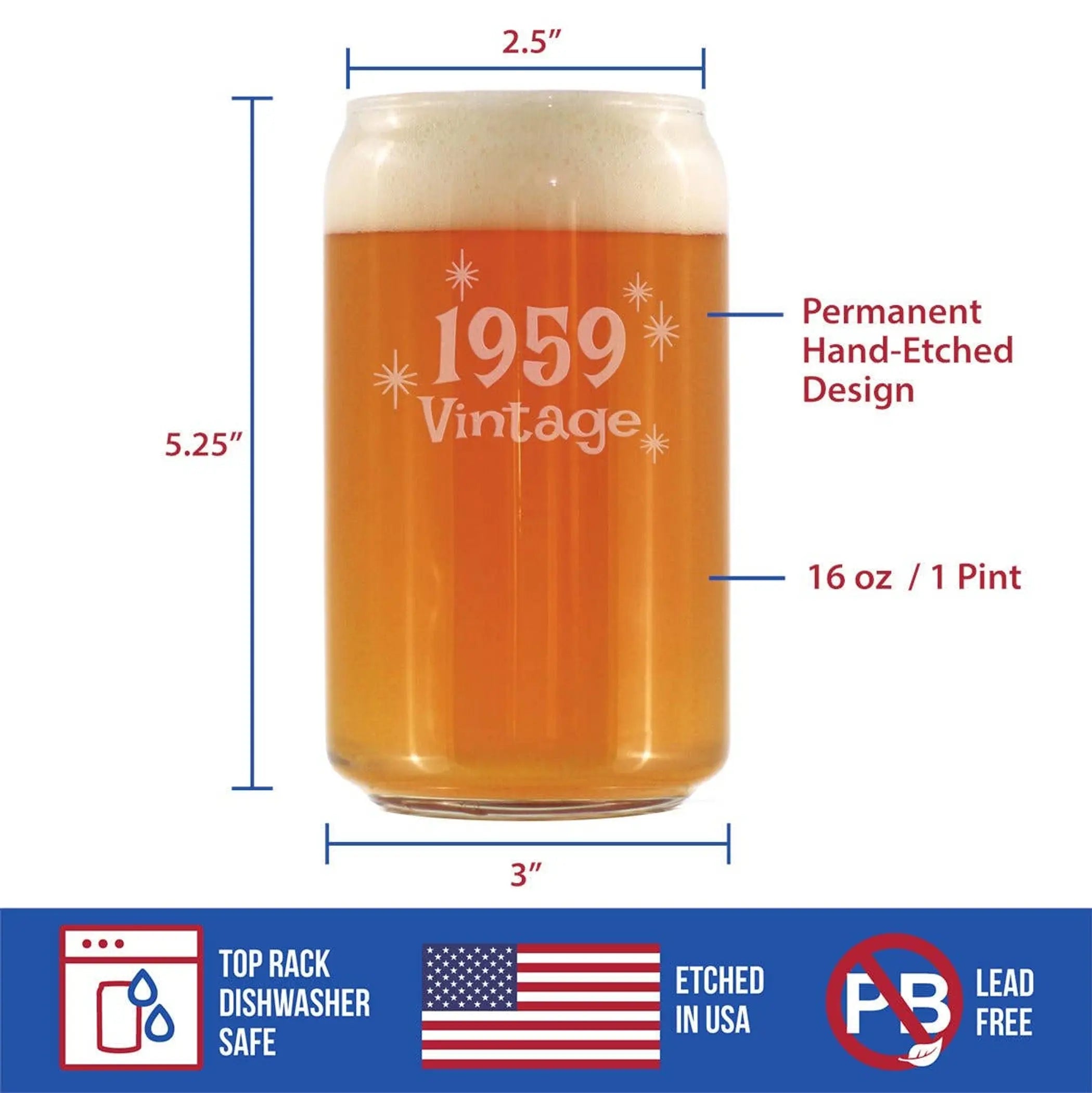 Vintage 1959 Beer Can Pint Glass - 65th Birthday Gifts Bevvee